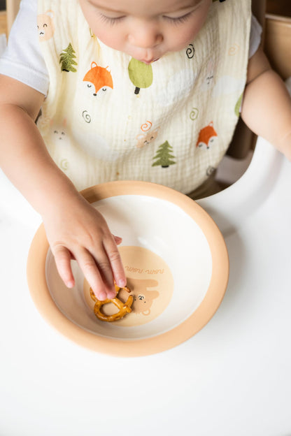 Pearhead Silicone Bib Set of 2, You're a Peach & Light Yellow Waterproof Bibs with Food Catcher, Adjustable Fit, Dishwasher Safe, Unisex Toddler Bib Set