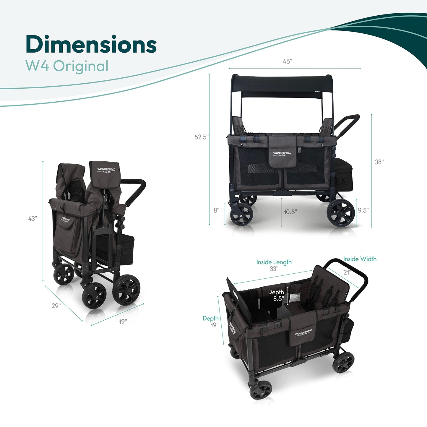 WONDERFOLD W4 Original Stroller Wagon (4 Seater) - Collapsible Wagon Stroller with Seats with 5-Point Harnesses, Easy Access Zipper Door, and Removable Sun Canopy, Black