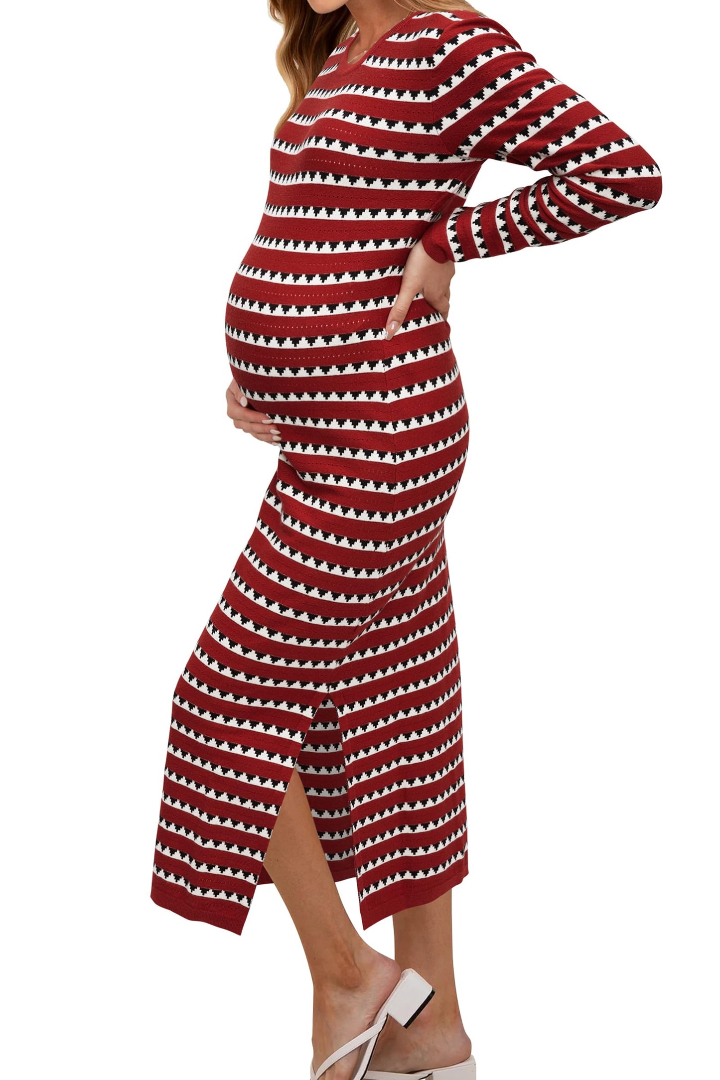 OUGES Women's 2025 Summer Maternity Dress Knit Sleeveless Crewneck Midi Dress Side Slit Striped Bodycon Sweater Dress