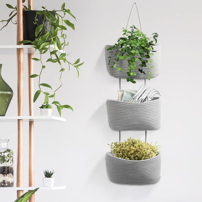TeoKJ Over the Door Hanging Basket, 3-Tier Woven Cotton Wall-Mounted Storage Organizer Bag Decorative Hanging Nursery Baskets - Jute