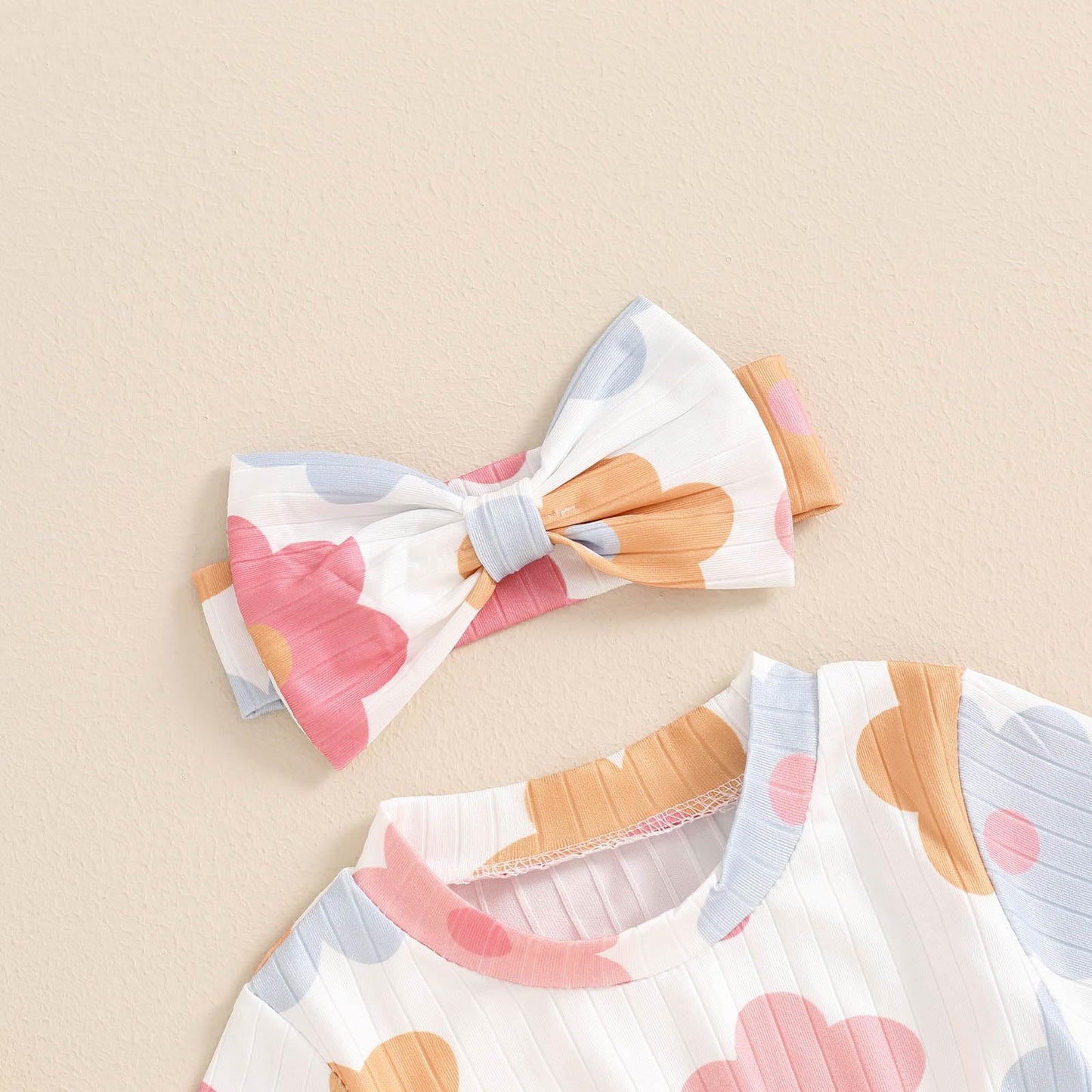 Baby Girl Summer Clothes Ribbed Short Sleeve Romper Solid Color Bodysuits Bow Headband Outfit Newborn Girl Jumpsuit