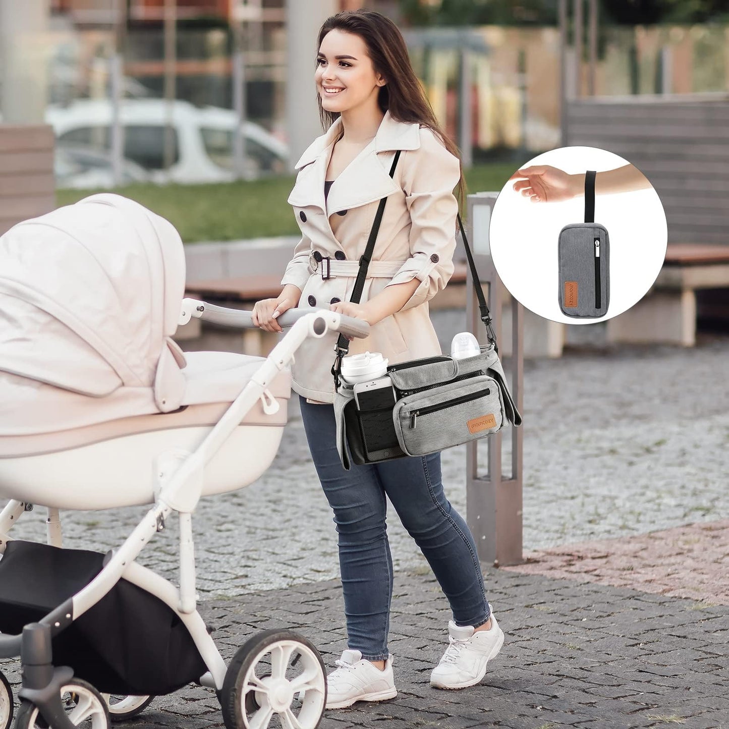 Momcozy Universal Stroller Organizer, 2 Insulated Cup Holders, Removable Zip Pocket, Adjustable Straps, Large Capacity Baby Essentials Compact Design, Fits Any Stroller (Multicolor)