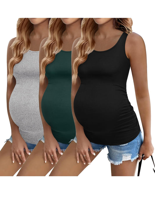 Ekouaer 3 Pack Women Maternity Tank Tops Ruch Side Basic Shirts Summer Postpartum Tops Sleeveless Pregnancy Workout Clothes