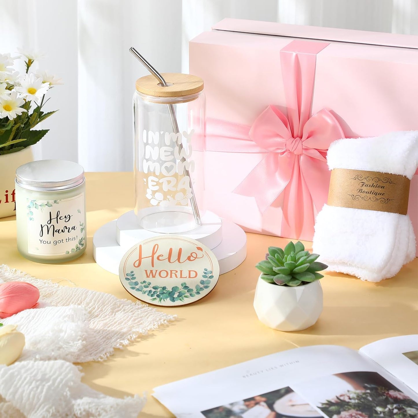 Honeydak New Mom Gifts for Women, Green Leaf Theme Pregnancy Gifts for Expecting Mother, New Mom Care Package After Baby Basket Essentials, Congrats on Postpartum Present with 16 oz Mama Glass Cup