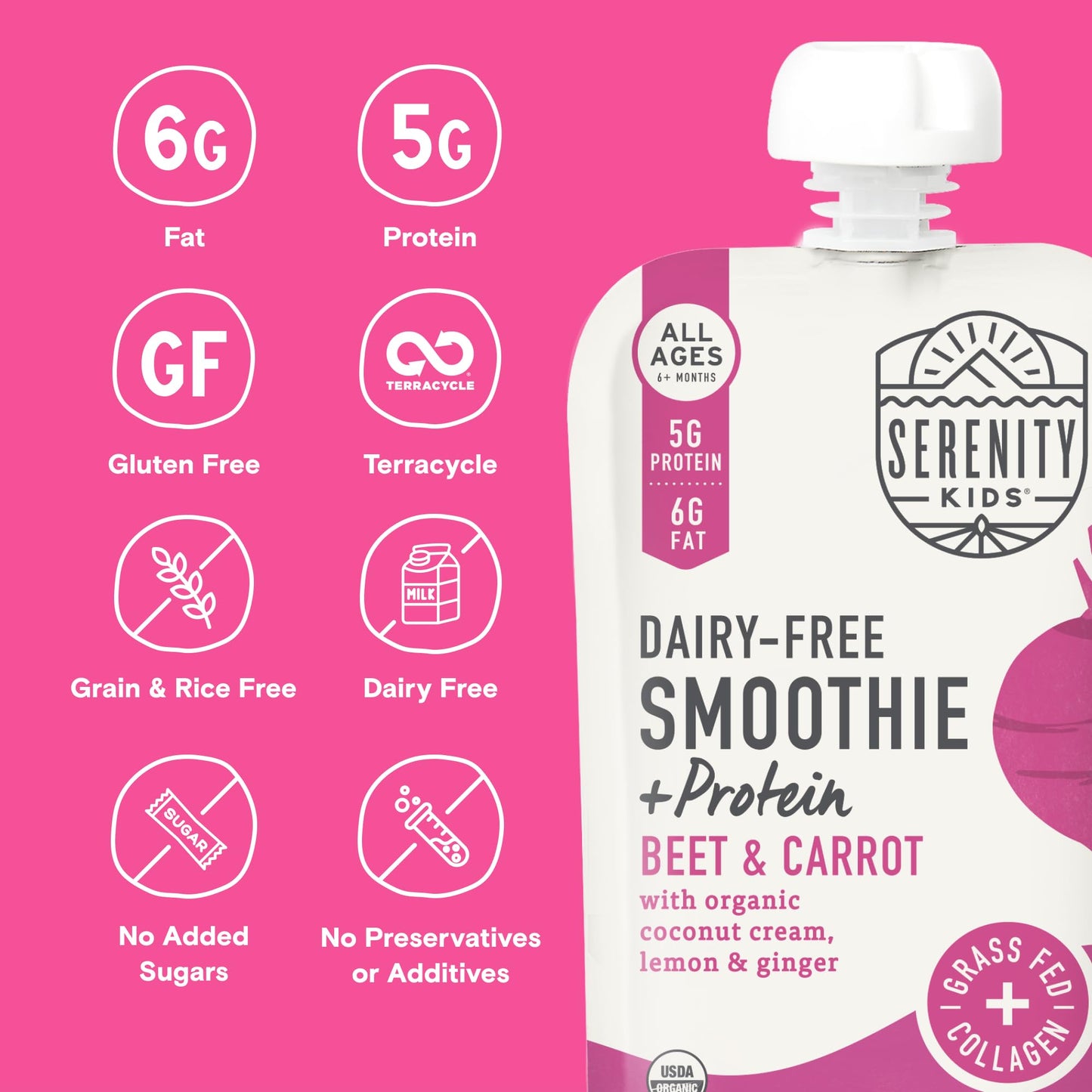 Serenity Kids 6+ Months Dairy-Free Smoothie Baby Food | USDA Organic | Grass Fed Collagen Protein | 3.5 Ounce BPA-Free Pouch | Berry Butternut | 12 Count