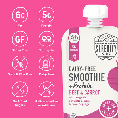 Serenity Kids 6+ Months Dairy-Free Smoothie Baby Food | USDA Organic | Grass Fed Collagen Protein | 3.5 Ounce BPA-Free Pouch | Berry Butternut | 12 Count