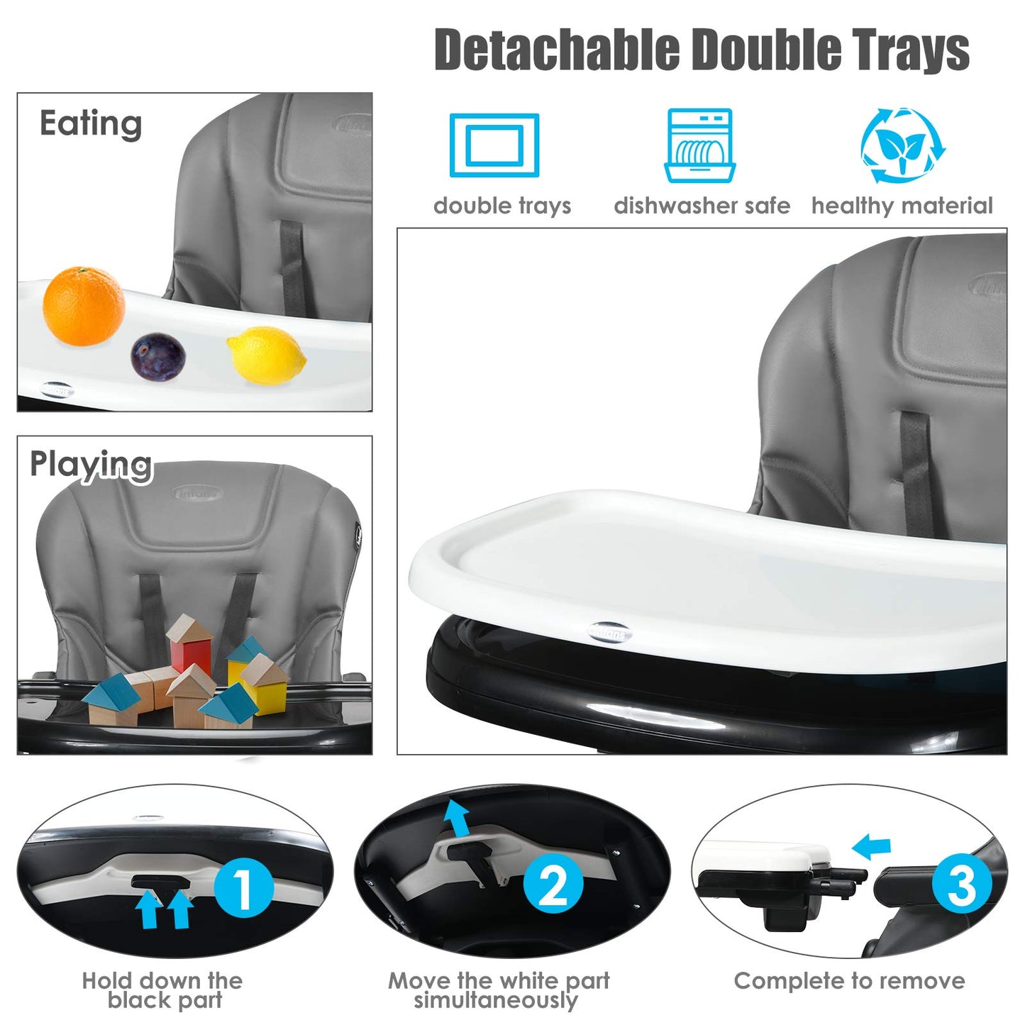 INFANS High Chair for Babies & Toddlers, Foldable Highchair with Multiple Adjustable Backrest, Footrest and Seat Height, Removable Tray, Detachable PU Leather Cushion, Built-in Rear Wheels (Black)