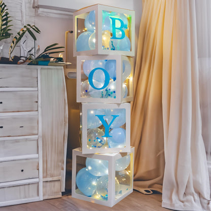 Uptotop Baby Shower Balloon Box Decorations, 4 Pcs Baby Blocks Transparent Balloon Boxes with Letters, Fairy String Lights and 36 Pcs Latex Balloons for Decor, Pink