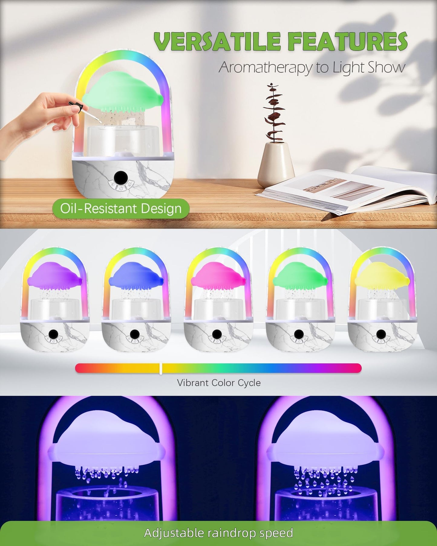 Weljoy Aromatherapy Essential Oil Diffuser Rainbow Rain Cloud Micro Humidifier Water Drip Mushroom Diffuser with Running Lights Rain Sounds for Sleeping-Tabletop Water Fountain&Night Light