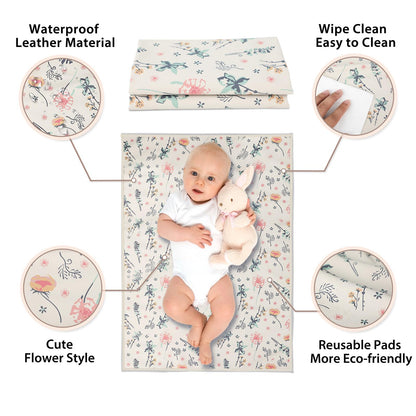 Vegan Leather Baby Changing Mat - Wipeable Portable Changing Pad, Foldable Travel Changing Mat for Baby, Newborns Toddlers Shower Gifts (Flower,20"*28")
