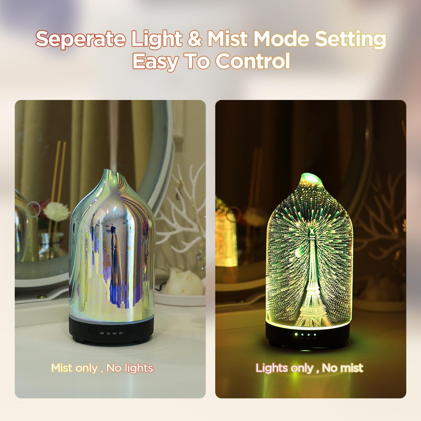 Essential Oil Diffuser Hand Blown Glass Aromatherapy Diffuser - Ultrasonic Cool Mist Scent Aroma Diffuser, Whisper Quiet with Auto Shut-Off, Timer Setting &7 Colors Night Light for Home