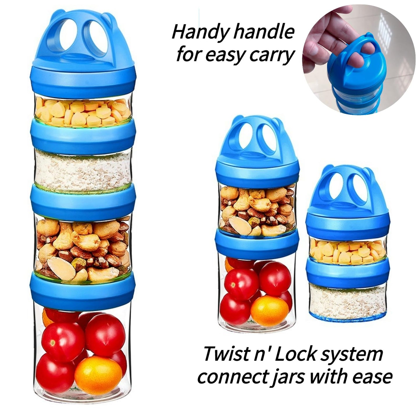 SELEWARE Portable Stackable Food Storage Containers for Snacks Formula Powder and Drinks Twist Lock System Airtight Leak-proof BPA and Phthalate Free 4 Piece Jars 31oz Blue
