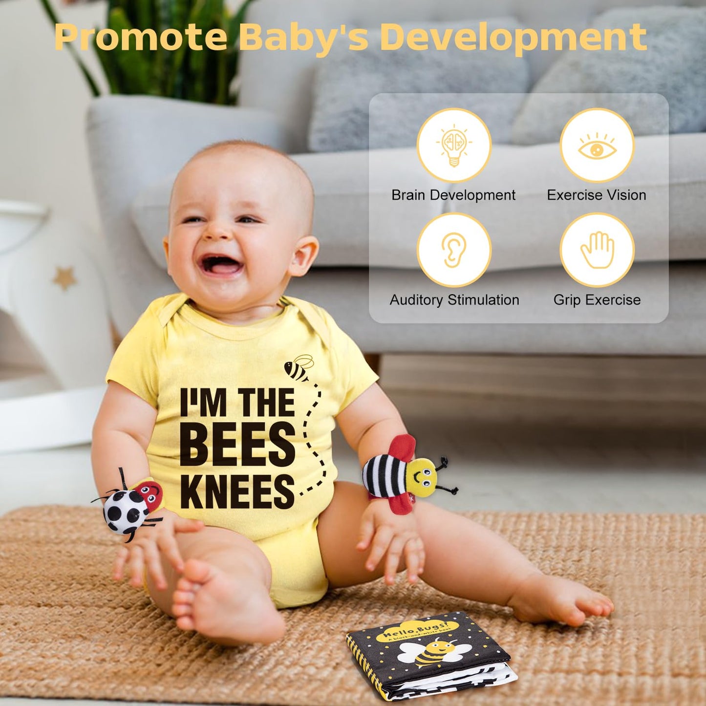 Baby Gift Set, Baby Shower Gifts, Black and White High Contrast Baby Toys 0-6 Months for Newborn Essentials Infant Rattle Socks Elephant Toys Blanket Onesies Baby Gift Basket for Girls Boys