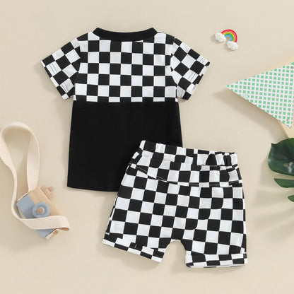 Toddler Baby Boy Summer Clothes Set Short Sleeve Checkered Tops & Shorts Novelty Color Block Outfits