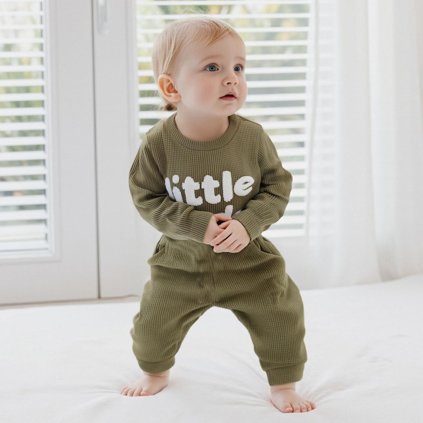 Douhoow Baby Boy Clothes Letters Embroidered Baby Sweatshirt Romper Waffle Pants Set Infant Boy Fall Winter Outfits