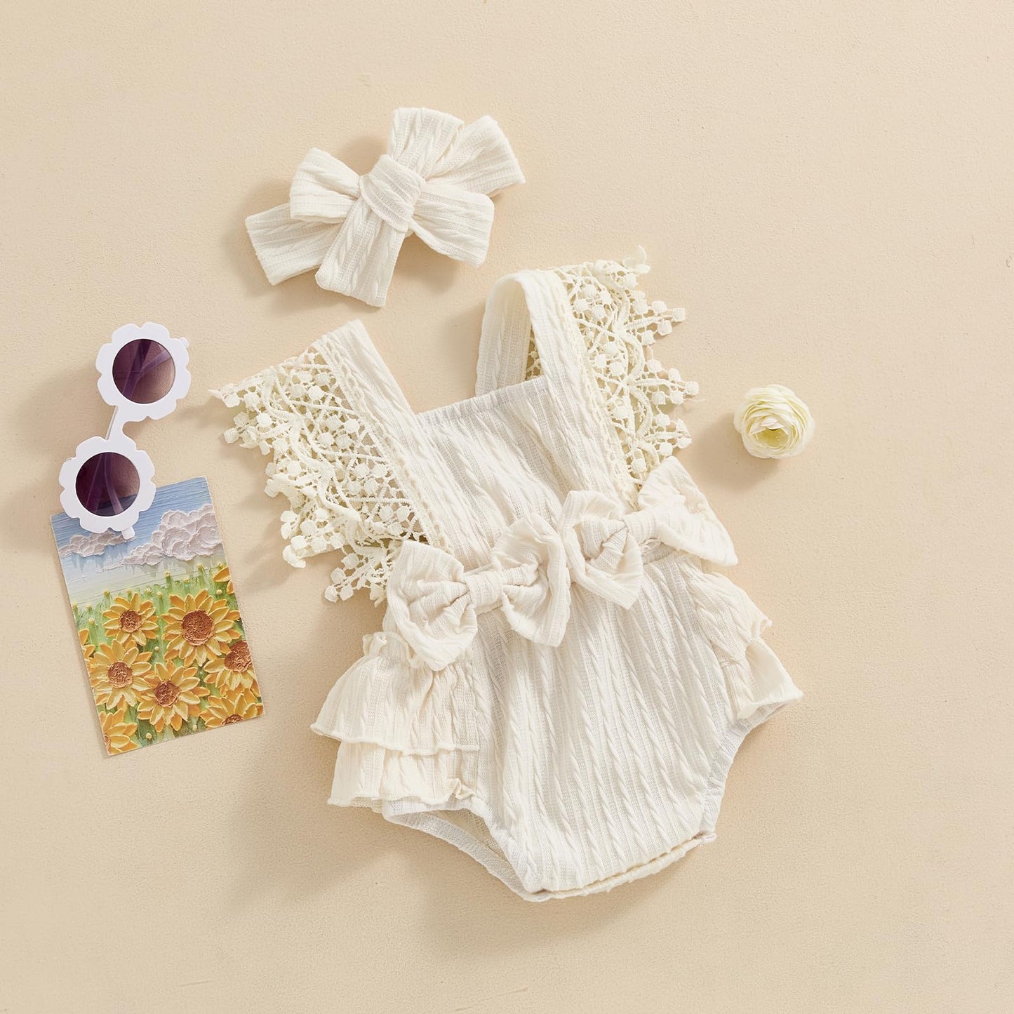 Newborn Baby Girl Lace Romper Ruffle Sleeveless Backless One Piece Jumpsuit Bodysuit with Headband Summer Clothes