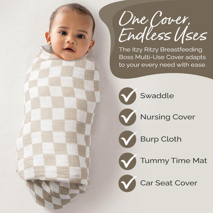 Itzy Ritzy Breastfeeding Boss Multi-Use Cover – A Nursing Cover, Swaddle, Car Seat Cover, Tummy Time Mat & Burp Cloth All in One – Made of Soft Muslin Fabric & Measures 47” x 47” (Taupe Stripe)