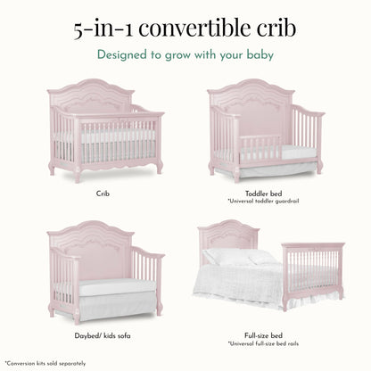 Evolur Aurora 5-in-1 Convertible Crib in Ivory Lace, Greenguard Gold Certified, Features 3 Mattress Height Settings, Sturdy and Spacious Baby Crib, Wooden Furniture