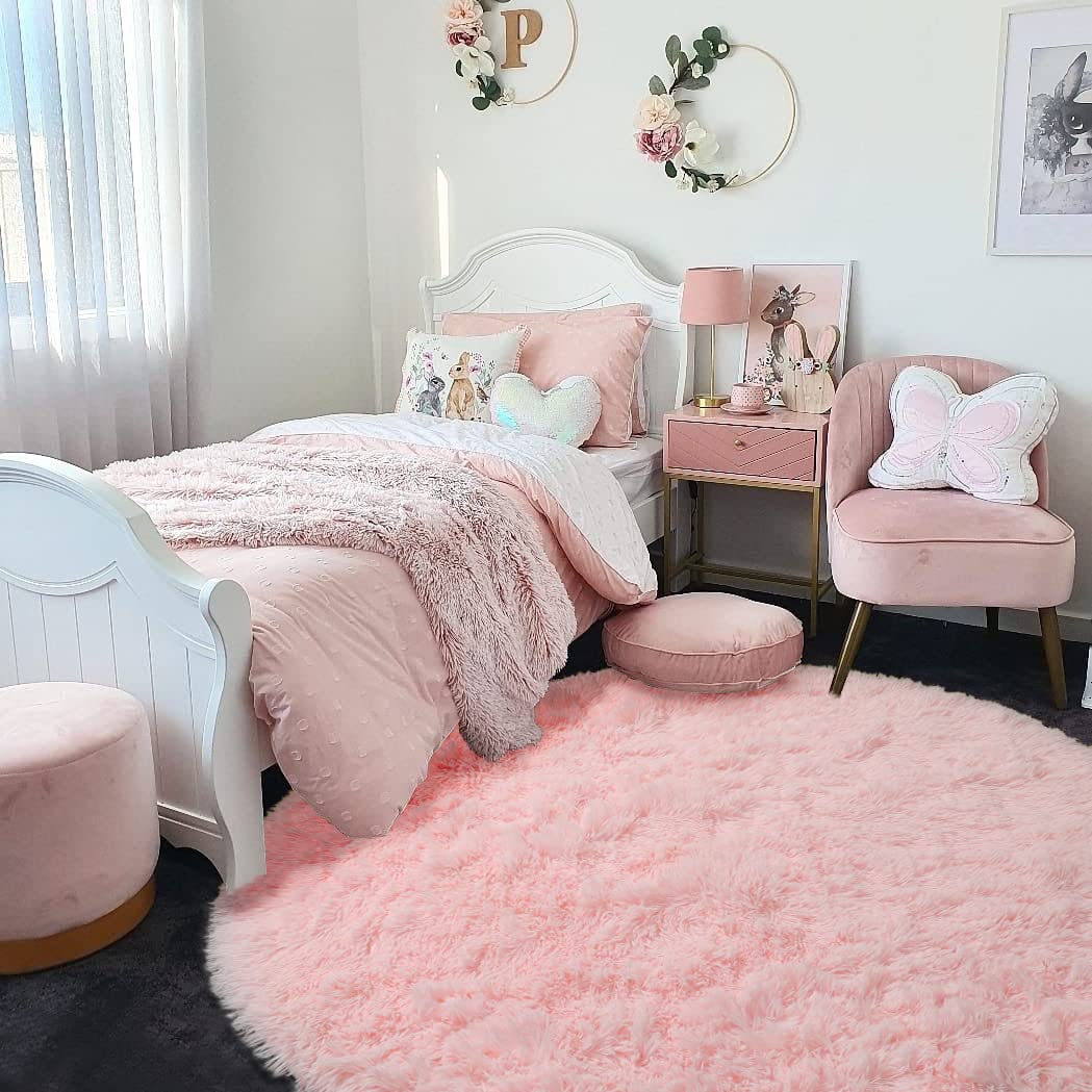 Pink Round Area Rugs 6Ft for Bedroom Living Room, Big Fluffy Shag Circle Rug for Kids Playroom, Cute Preppy Room Decor for Teen Girls, Cozy Fuzzy Furry Plush Carpets for Baby Nursery, Dorm, Classroom