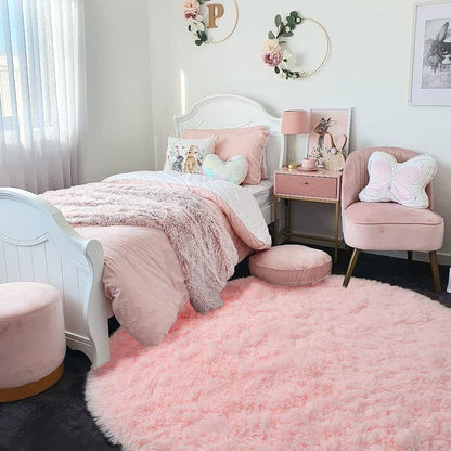 Pink Round Area Rugs 6Ft for Bedroom Living Room, Big Fluffy Shag Circle Rug for Kids Playroom, Cute Preppy Room Decor for Teen Girls, Cozy Fuzzy Furry Plush Carpets for Baby Nursery, Dorm, Classroom