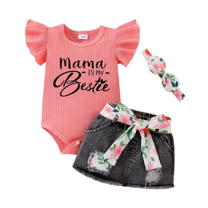 Baby Girl Clothes Newborn Romper Ruffle Sleeve Short Jeans Skirt with Headband Infant Outfits Set 0-18 Months
