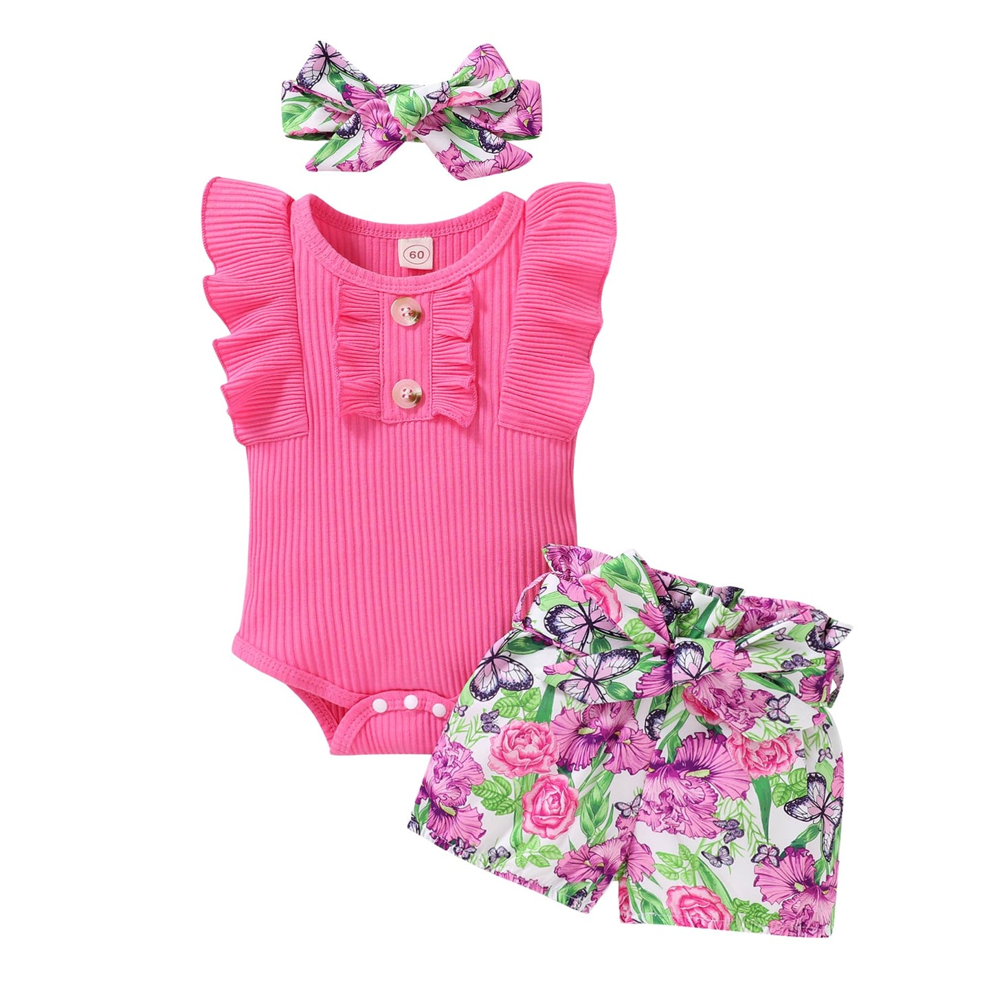 Tiny Cutey Baby Girl Clothes Infant Summer Outfits Set Ruffle Sleeve Romper and Floral Shorts with Headband