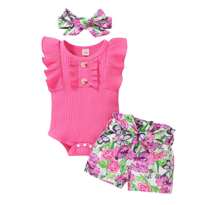 Tiny Cutey Baby Girl Clothes Infant Summer Outfits Set Ruffle Sleeve Romper and Floral Shorts with Headband
