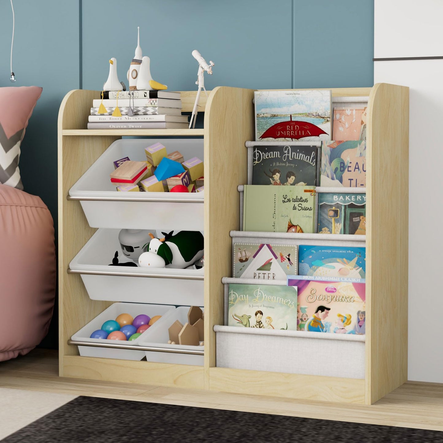 White Kids Bookshelf Wood Toy Storage Organizer Cabinet Children Bookcase Toddler Baby Sling Book Rack 3 Cube Bins Fabric Drawers for Playroom Bedroom Nursery School