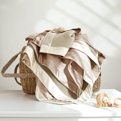 Swaddle Baby Blanket: Waffle Blanket with Satin Strim - Soft Breathable Toddler Blanket for Nursing Cover - Cotton Crib Blanket for Naptime（Cream）