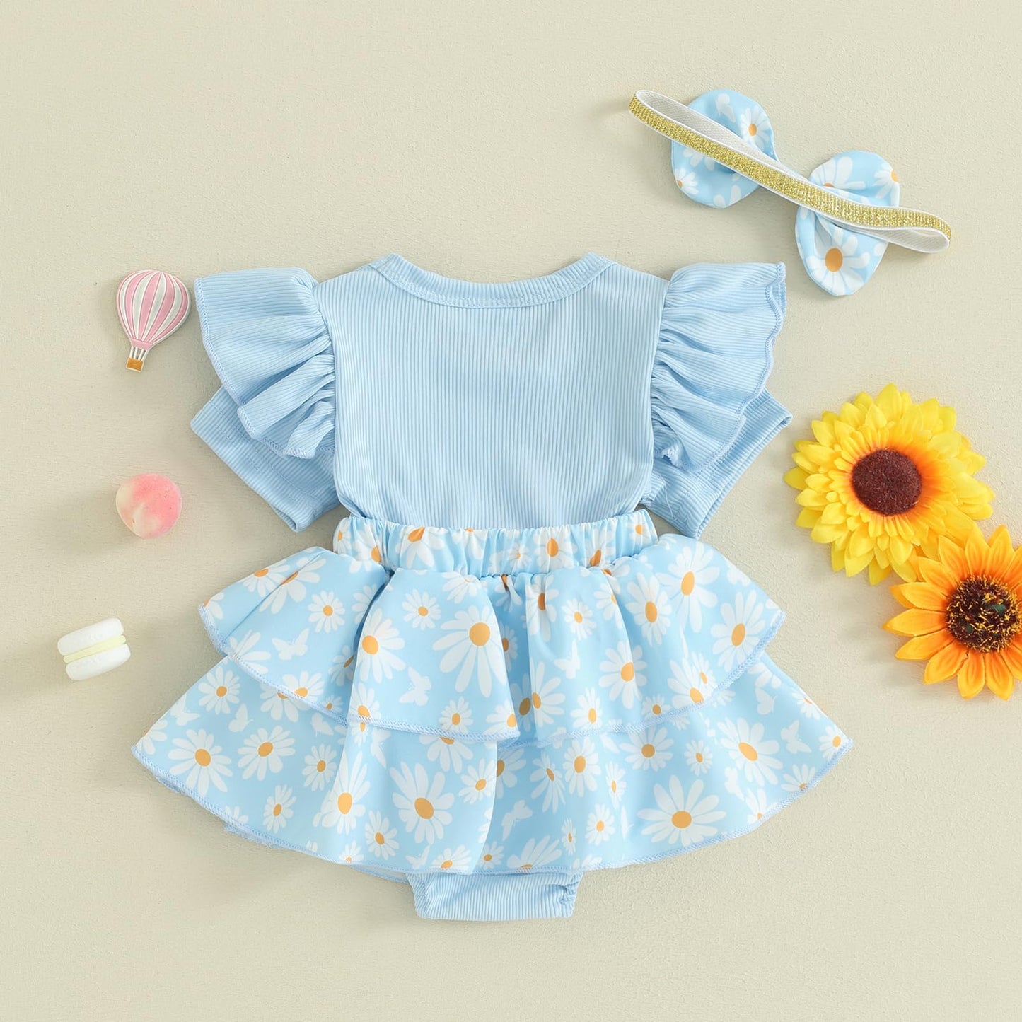 Baby Girls Daisy Romper Bowknot Bodysuit+Headband Short Sleeve Playsuits Floral Jumpsuit Infant Summer Clothes