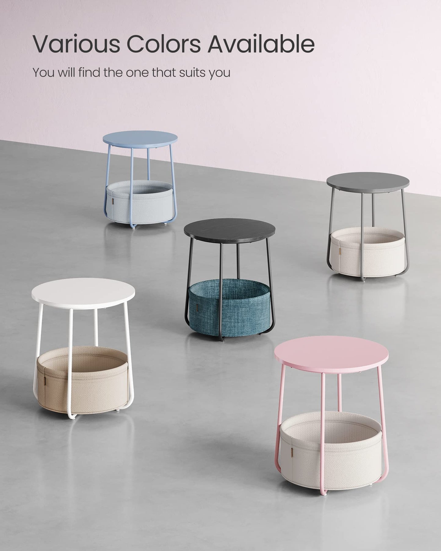VASAGLE End Table, Small Bedside Table with Fabric Basket, Modern Nightstand, Round Side Table, for Living Room, Bedroom, Matte White and Camel Brown ULET223W10