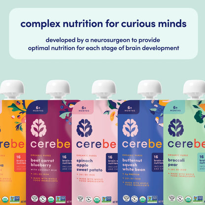 Cerebelly Organic Baby Food Pouches Variety Pack – Organic Veggie Purees for Toddlers | No Added Sugar, Fiber, Non-GMO | Blended Toddler Pouches | 4 Ounce BPA-Free Pouch | 4 Flavors | 8 Count