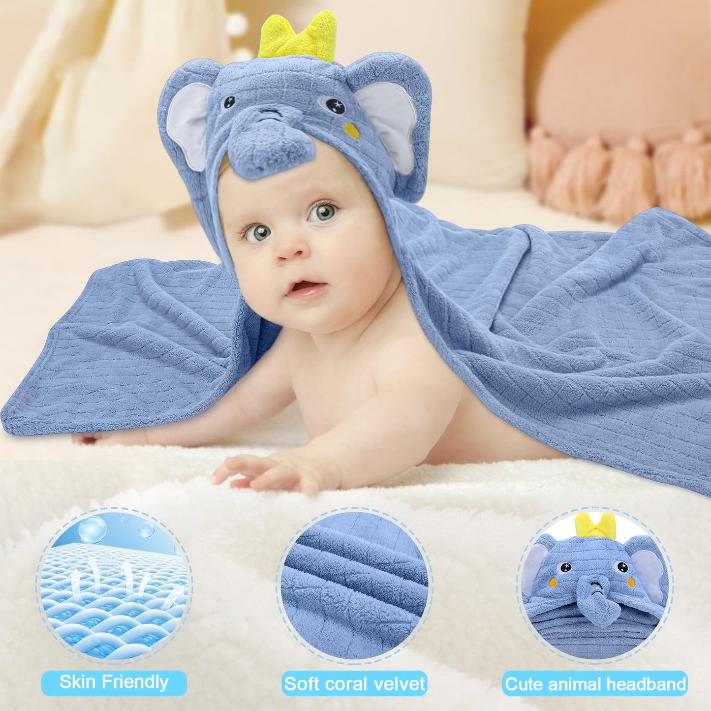 2 Pack Hooded Baby Towels-26 X55 Ultra Soft Baby Bath Towels,Newborn Baby Essentials,Premium Absorbentand Hypoallergenic Towels for Toddler Baby Boy and Girl 0-6 Years(Elephant+Rabbit)
