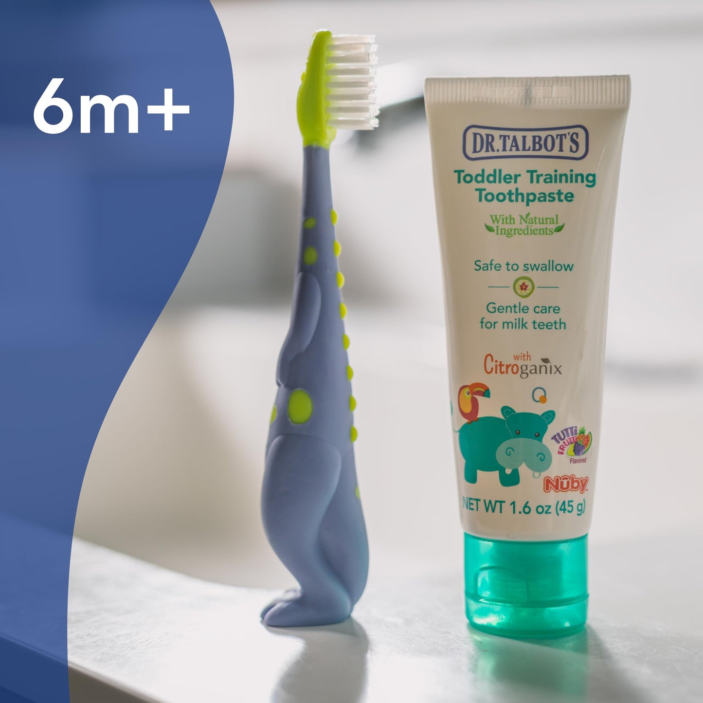 Dr. Talbot's Toddler Training Toothbrush and Natural Kids Toothpaste with Citroganix - 1.6 oz - Fluoride-Free Toothpaste and Toddler Toothbrush - 6+ Months - Alligator
