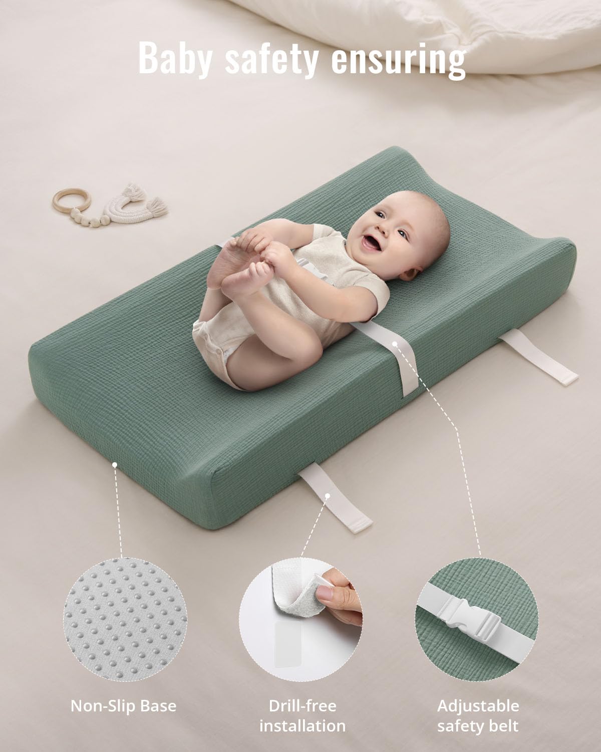 Blissful Diary Muslin Baby Changing Pad with Waterproof Lining Foam, Diaper Changing Table Pad with Cover for Dressers (Monstera, Avocado)