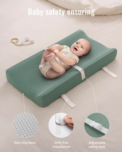 Blissful Diary Muslin Baby Changing Pad with Waterproof Lining Foam, Diaper Changing Table Pad with Cover for Dressers (Monstera, Avocado)