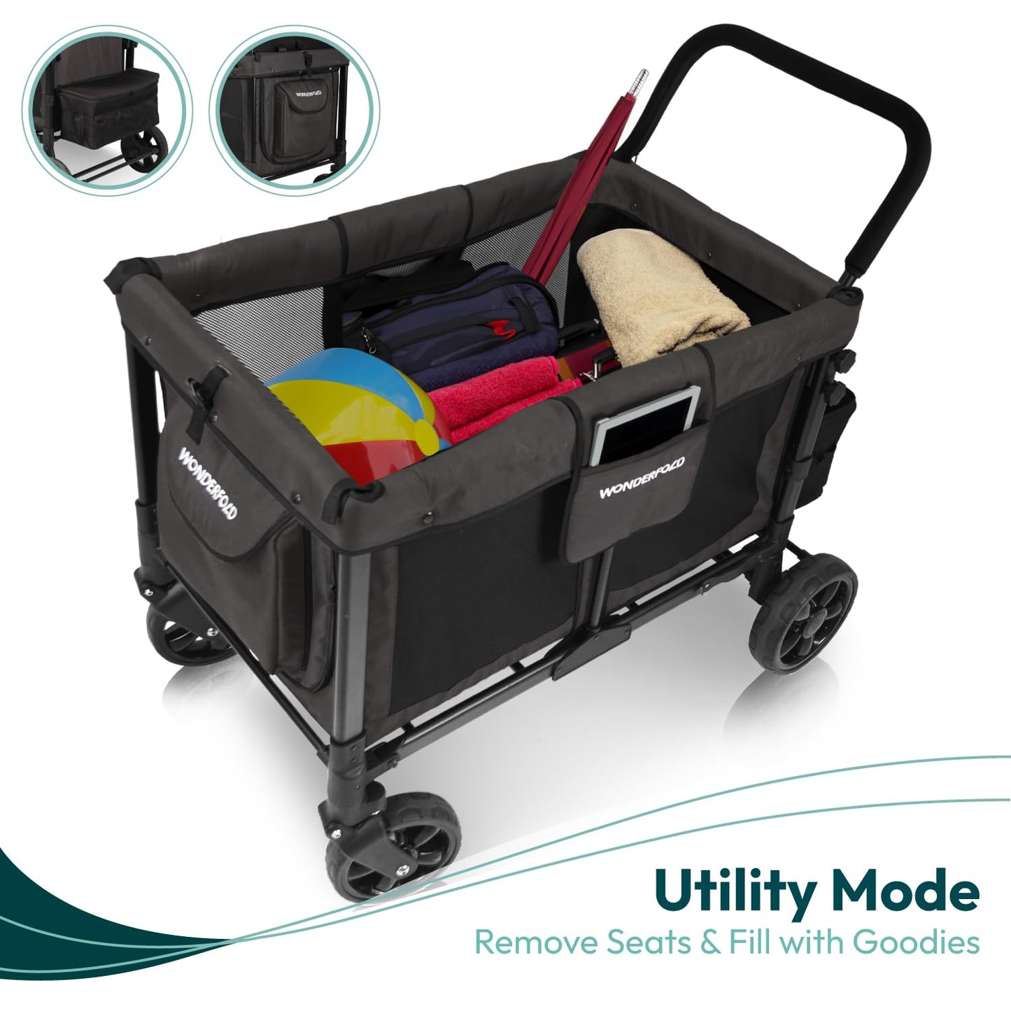 WONDERFOLD W4 Original Stroller Wagon (4 Seater) - Collapsible Wagon Stroller with Seats with 5-Point Harnesses, Easy Access Zipper Door, and Removable Sun Canopy, Black