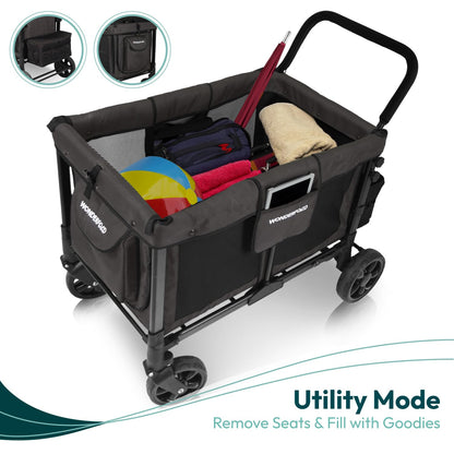WONDERFOLD W4 Original Stroller Wagon (4 Seater) - Collapsible Wagon Stroller with Seats with 5-Point Harnesses, Easy Access Zipper Door, and Removable Sun Canopy, Black
