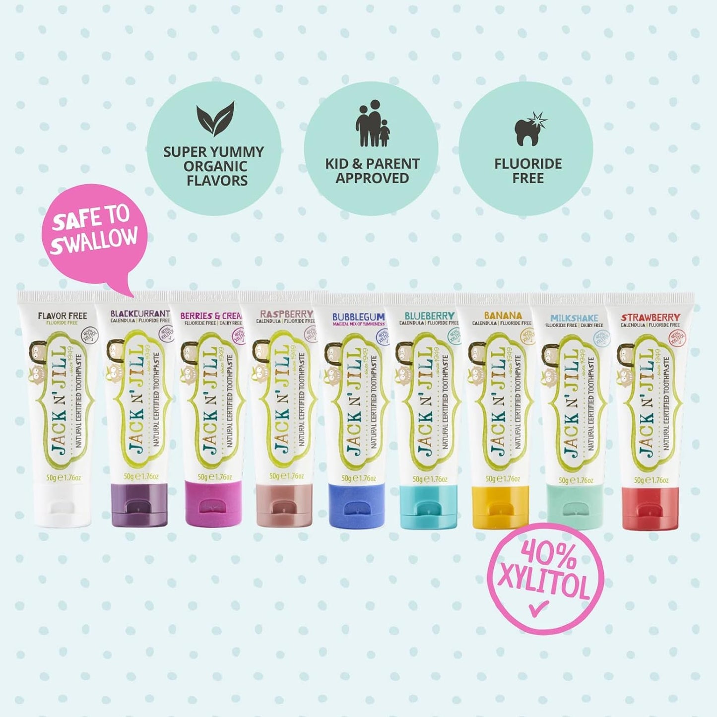 Jack N' Jill Natural Baby Toothpaste - Fluoride Free Training Toothpaste for Babies 6 Months and Up, Safe to Swallow, 40% Xylitol, BPA Free - 1.76 oz (Variety Pack of 3)