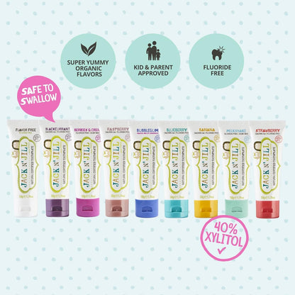 Jack N' Jill Natural Baby Toothpaste - Fluoride Free Training Toothpaste for Babies 6 Months and Up, Safe to Swallow, 40% Xylitol, BPA Free - 1.76 oz (Variety Pack of 3)