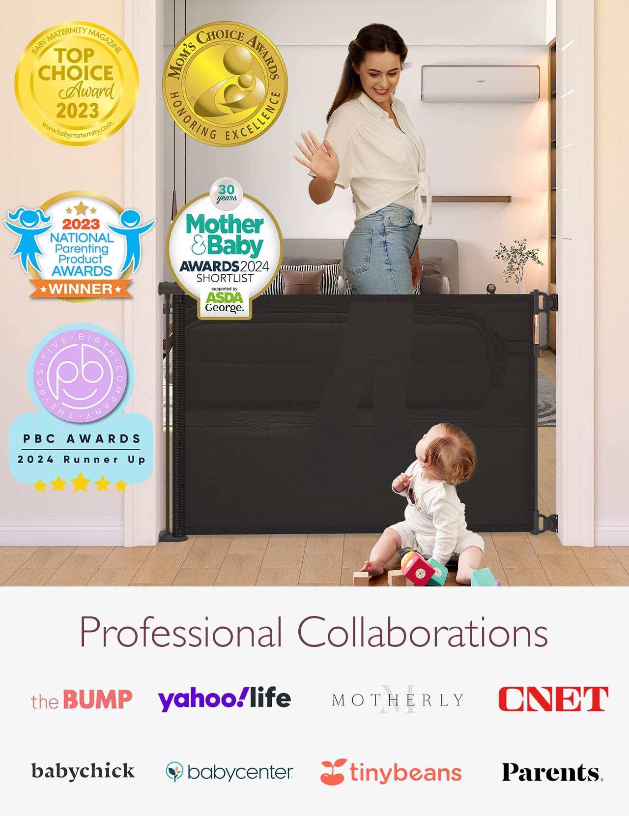 Momcozy Retractable Baby Gate, 33" Tall, Extends up to 55" Wide, Child Safety Baby Gates for Stairs, Doorways, Hallways, Indoor, Outdoor