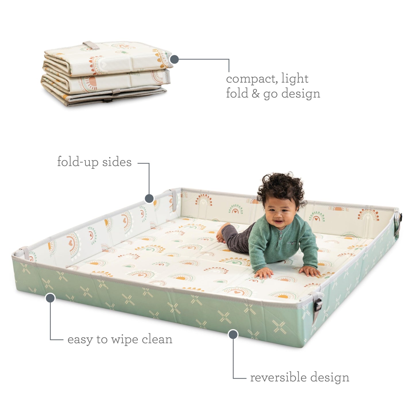 Infantino Foldable Soft Foam Mat, Extra Large Double-Sided Cushioned Portable Play Mat with Fold-Up Sides, Non Slip Crawling & Playing for Infants and Toddlers, Rainbows