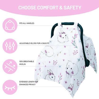 100% Muslin Summer Baby Car Seat Cover, Universal Fit Infant Car Seat Canopy, Breathable & Lightweight Sun, Weather Protection for Boys & Girls