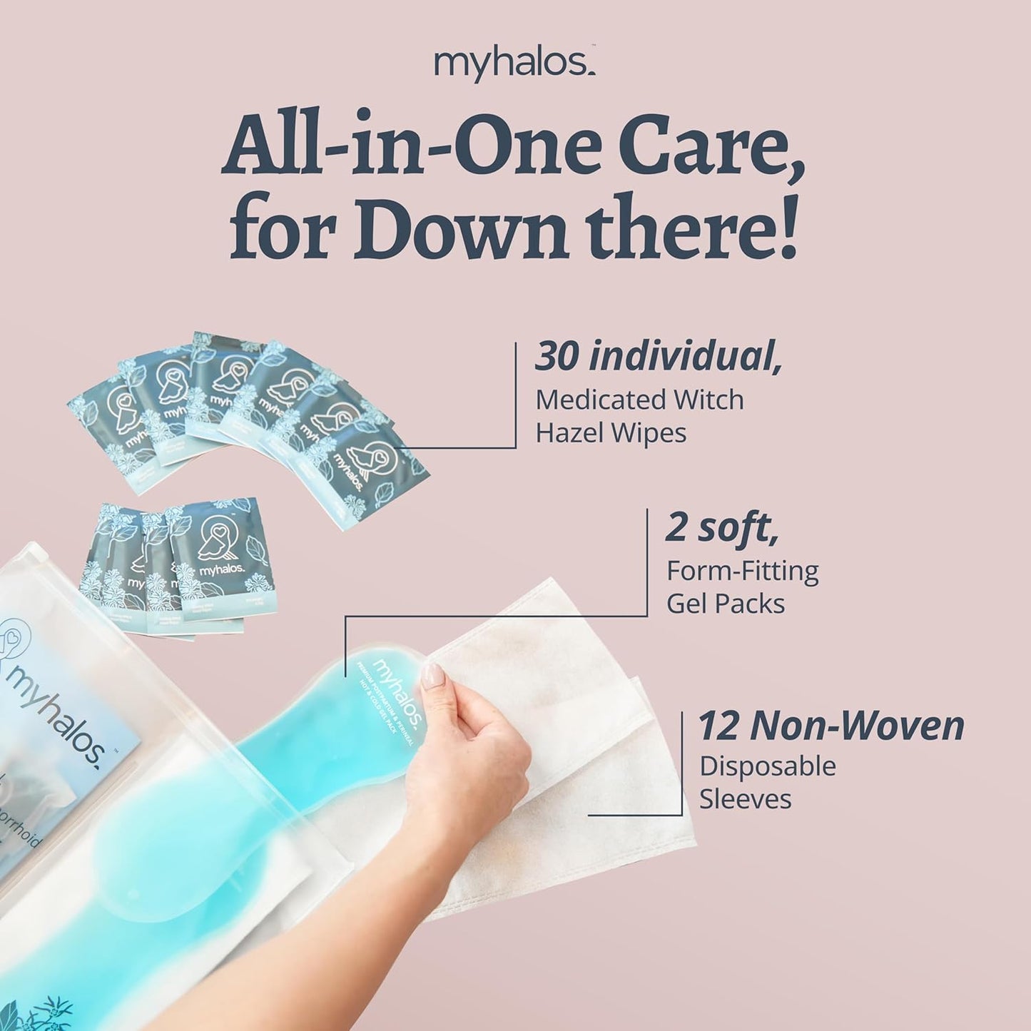 MyHalos 44 pcs- Witch Hazel Wipes & Perineal Ice Packs for Postpartum, Hemorrhoids & C Section Ice Packs for Postpartum -30 Alcohol Free Witch Hazel for Postpartum Care & Hemorrhoids Cold Postpartum