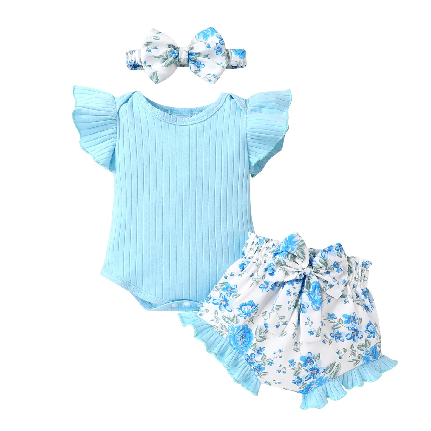 Tiny Cutey Baby Girl Clothes Infant Summer Outfits Set Ruffle Sleeve Romper and Floral Shorts with Headband