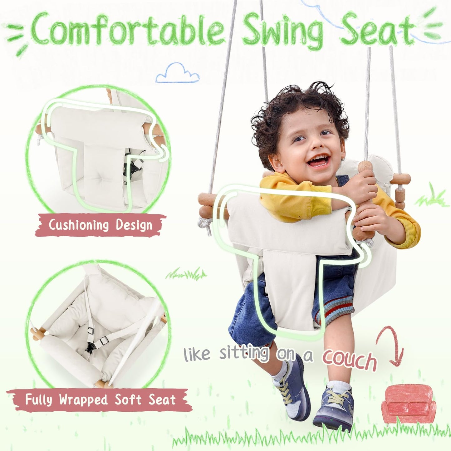 Baby Swing Indoor Outdoor,Secure Canvas Wooden Toddler Swing Seat, 3-Point Adjustable Safety Harness,Mounting Hardware Included,Gift for Boys and Girls,White