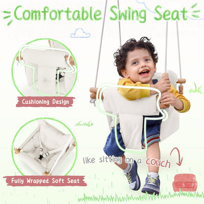 Baby Swing Indoor Outdoor,Secure Canvas Wooden Toddler Swing Seat, 3-Point Adjustable Safety Harness,Mounting Hardware Included,Gift for Boys and Girls,White