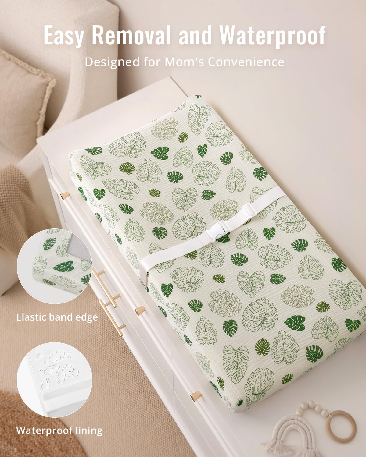 Blissful Diary Muslin Baby Changing Pad with Waterproof Lining Foam, Diaper Changing Table Pad with Cover for Dressers (Monstera, Avocado)