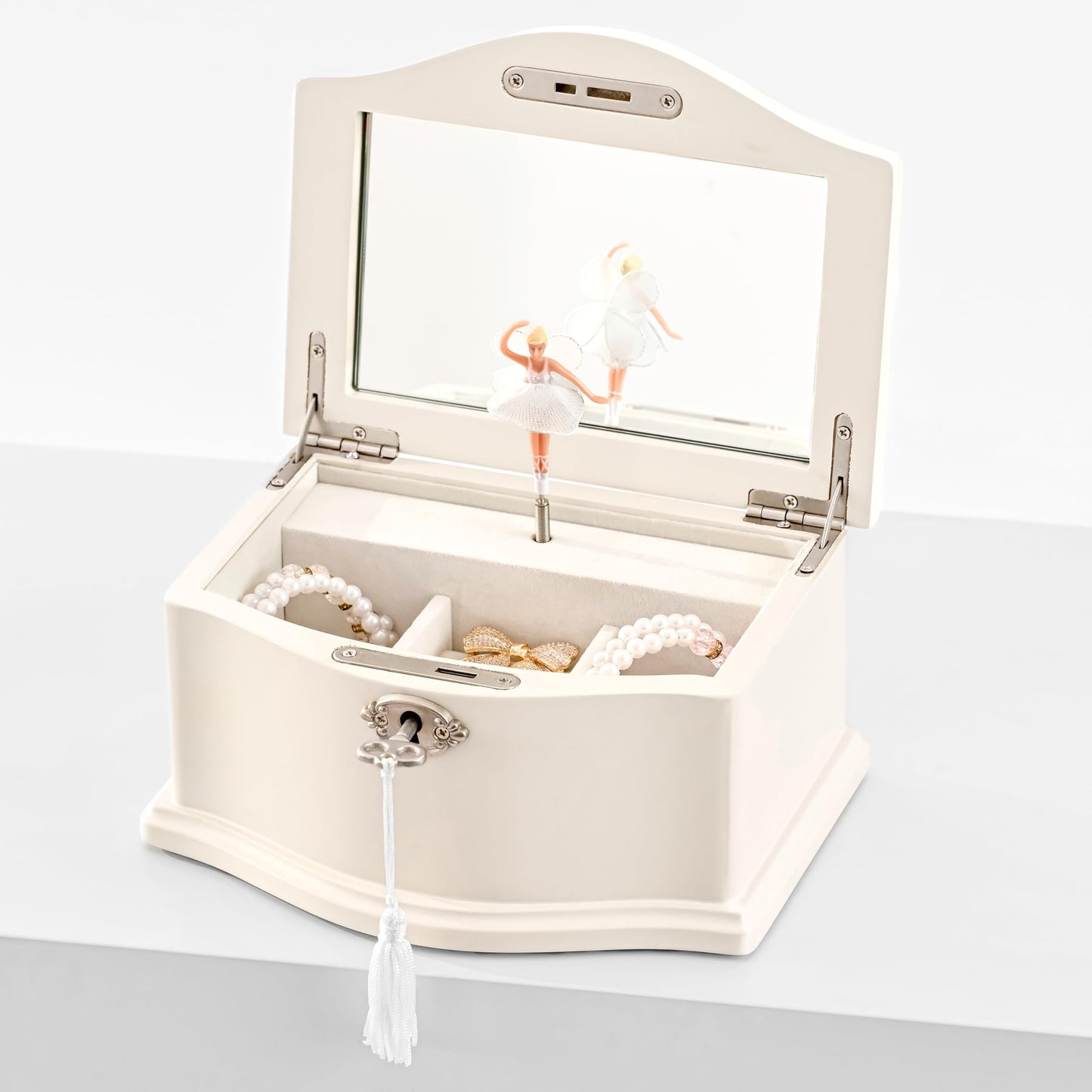 Wooden Musical Jewelry Box for girls with Mirror and Key Lock, Gift for Kids on Birthdays and Holidays (Pink, Small) (Beige, Small)