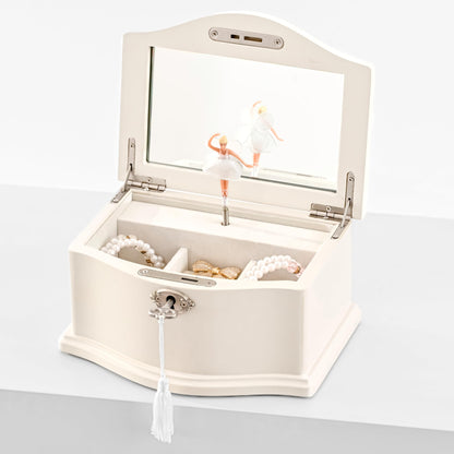 Wooden Musical Jewelry Box for girls with Mirror and Key Lock, Gift for Kids on Birthdays and Holidays (Pink, Small) (Beige, Small)